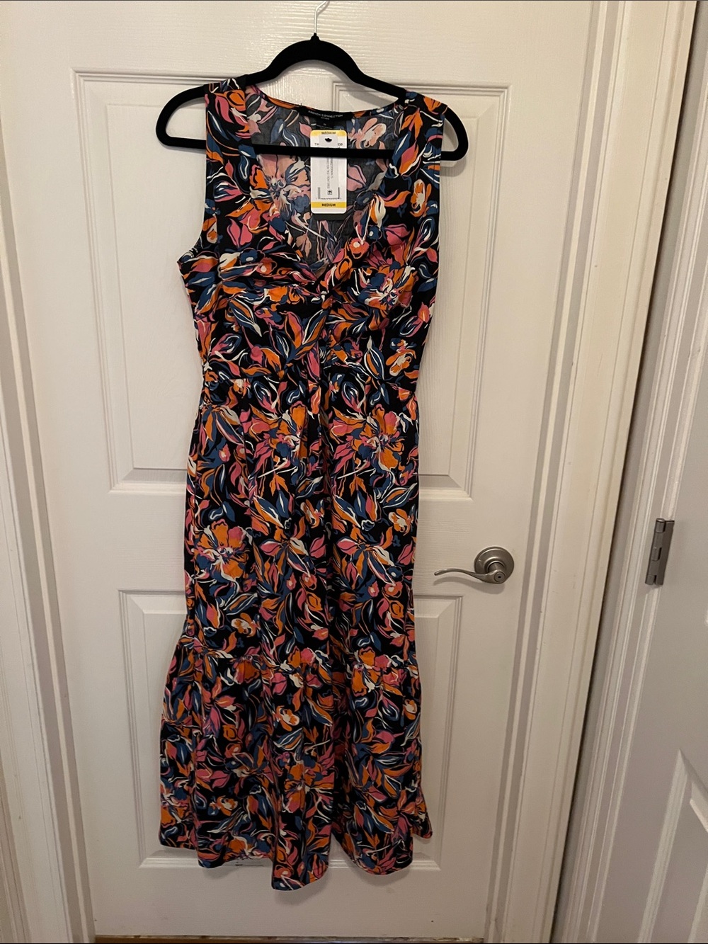 French Connection Sleeveless Floral Maxi Dress in Black with Pink and Orange